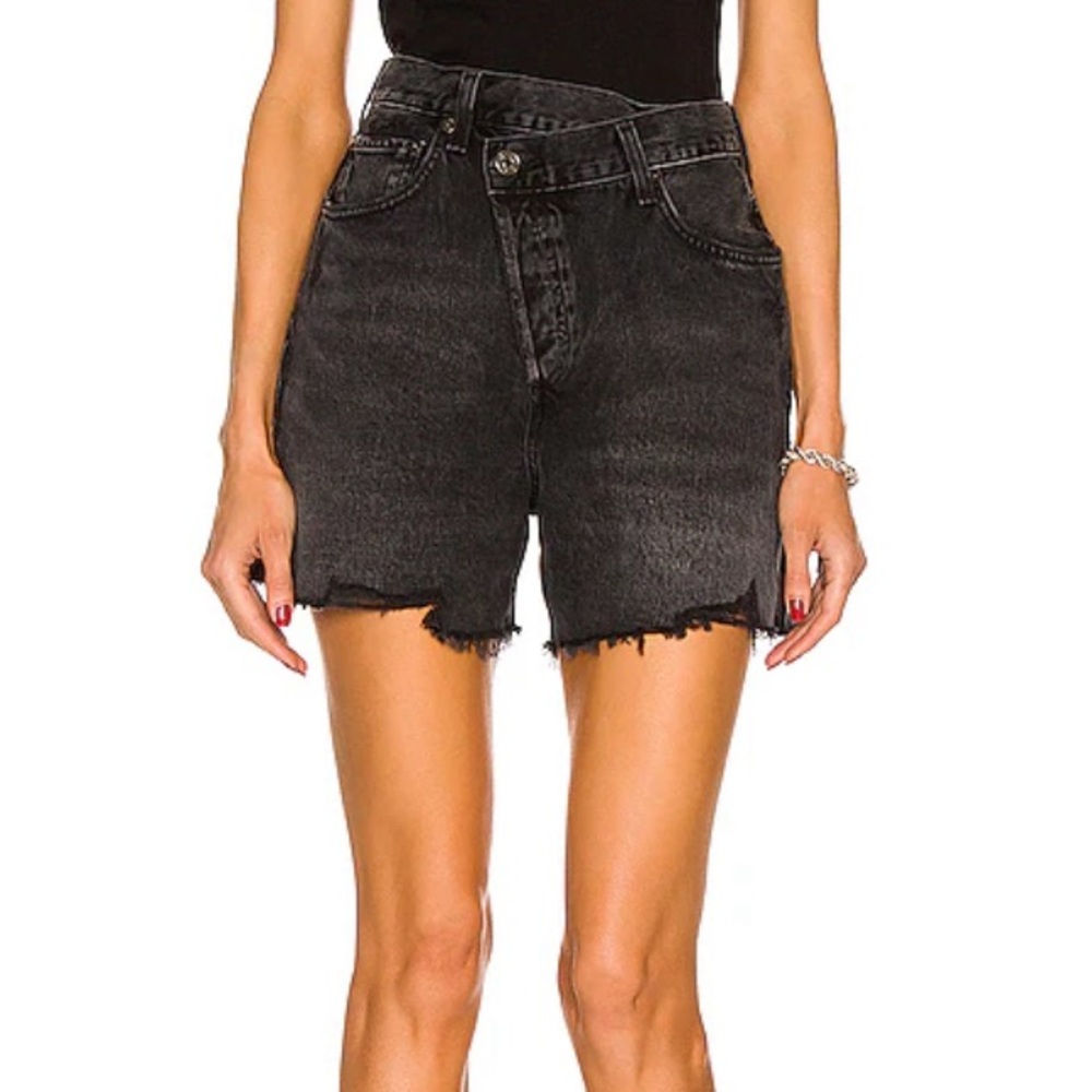 AGOLDE Black Frayed Hem High-Rise Denim Shorts